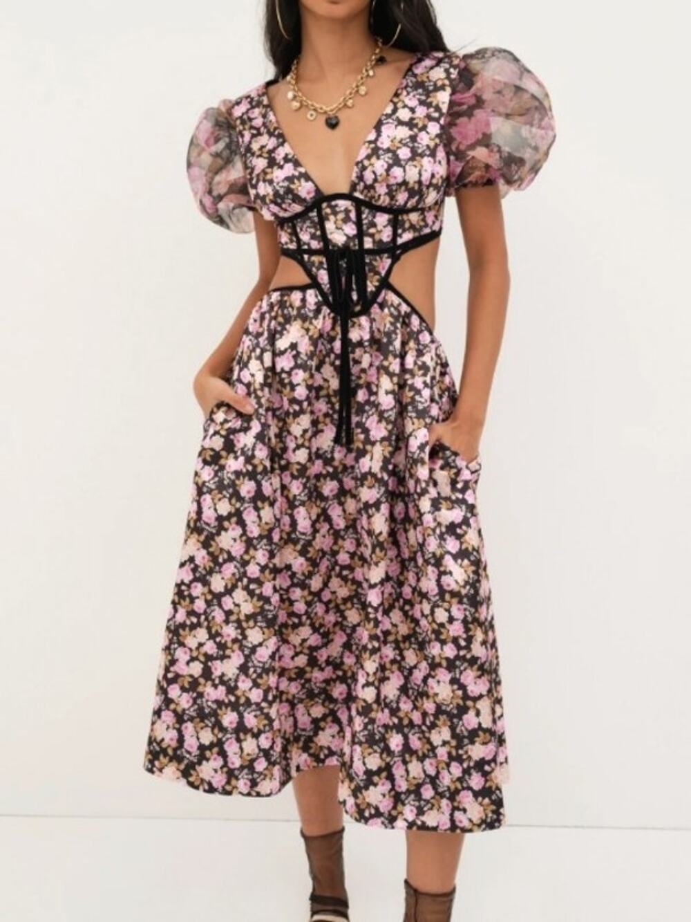 For Love & Lemons Maddison Floral Corset Cutout Puff Sleeve Midi Dress NWT  S